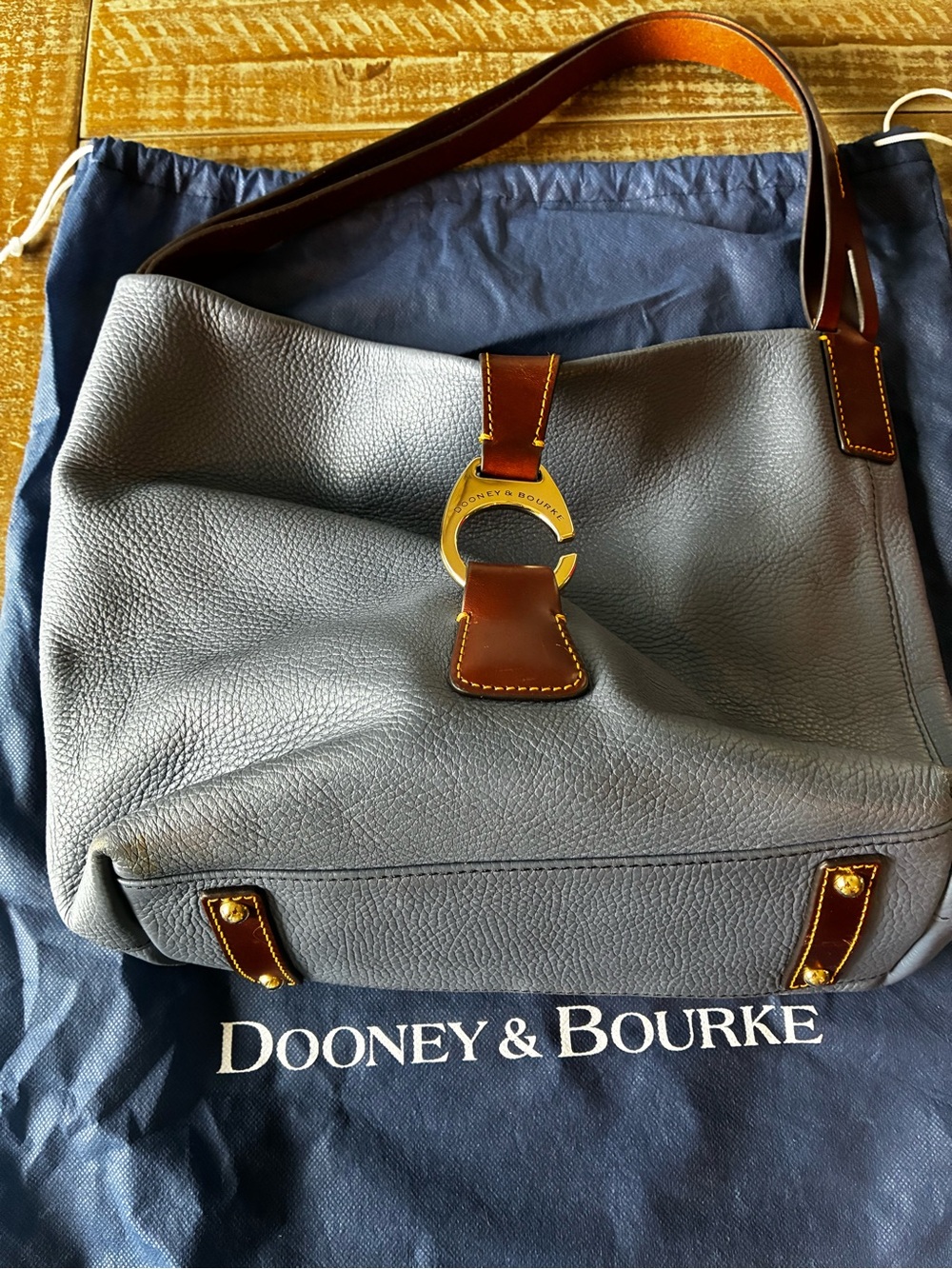 Dooney & Bourke Light Blue Pebble Leather Shoulder Bag with Brown Trim
